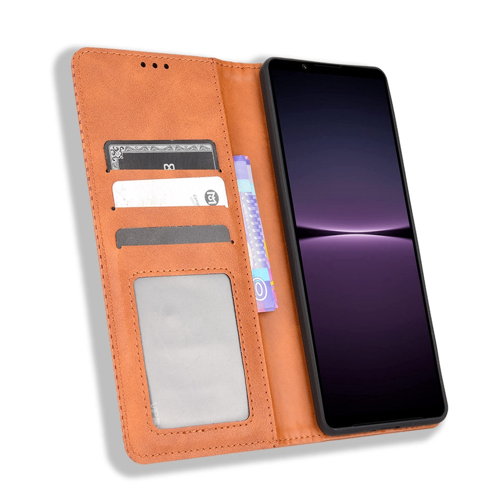 Retro Surface Auto-Absorbed Phone Cover for Sony Xperia 1 IV, Anti-scratch Wallet Stand Leather Shell Phone Accessory