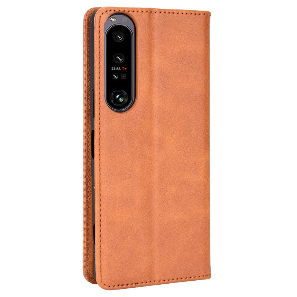 Retro Surface Auto-Absorbed Phone Cover for Sony Xperia 1 IV, Anti-scratch Wallet Stand Leather Shell Phone Accessory