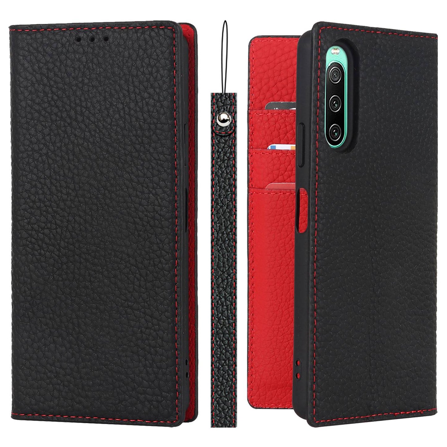 For Sony Xperia 10 IV 5G Shockproof Genuine Leather Case Litchi Texture Wallet Stand Anti-scratch Phone Shell with Hand Strap