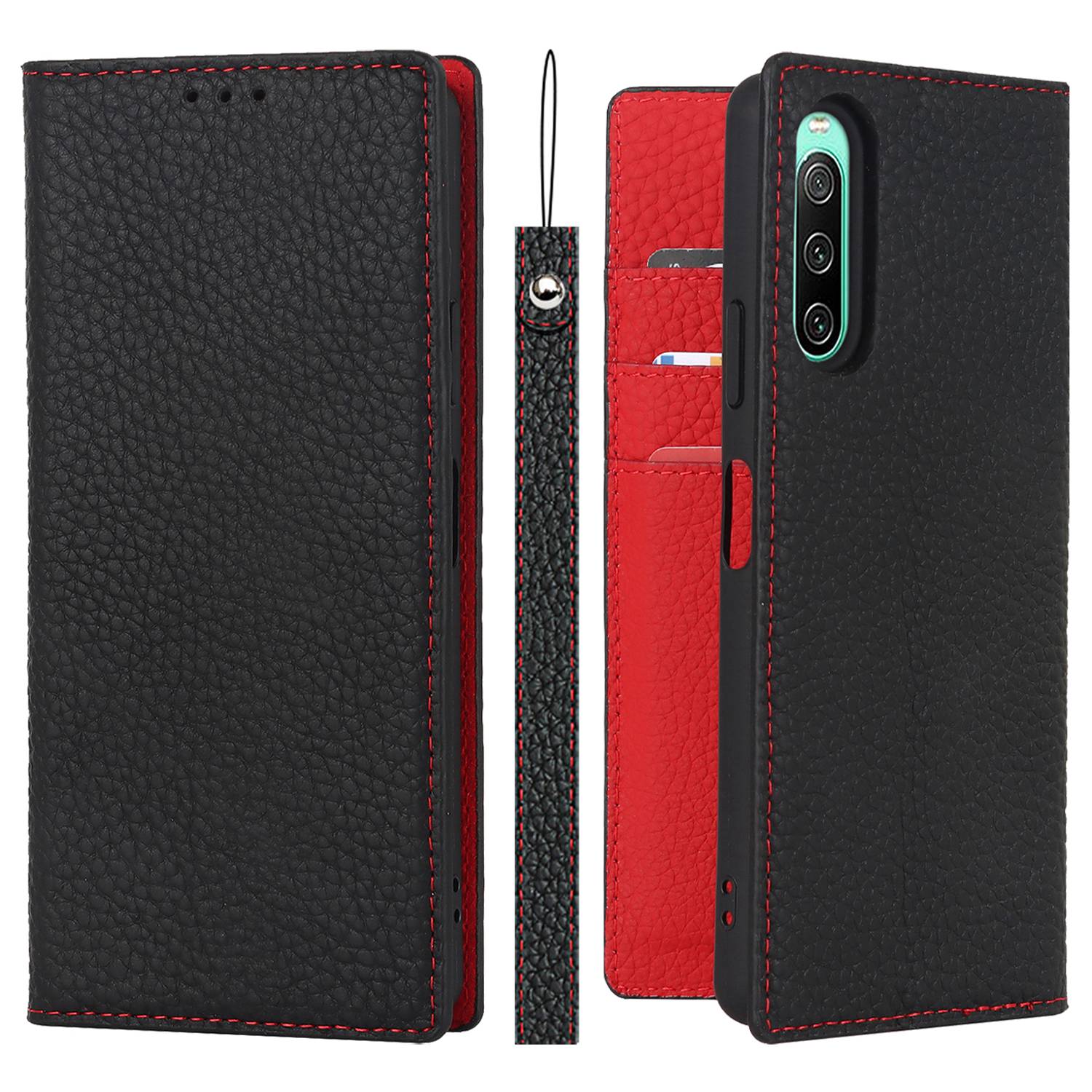 For Sony Xperia 10 IV 5G Shockproof Genuine Leather Case Litchi Texture Wallet Stand Anti-scratch Phone Shell with Hand Strap