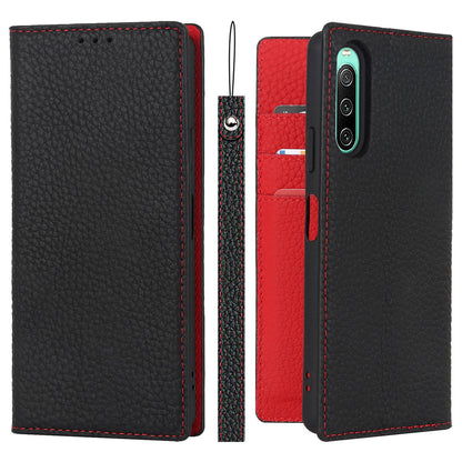 For Sony Xperia 10 IV 5G Shockproof Genuine Leather Case Litchi Texture Wallet Stand Anti-scratch Phone Shell with Hand Strap