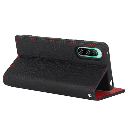For Sony Xperia 10 IV 5G Shockproof Genuine Leather Case Litchi Texture Wallet Stand Anti-scratch Phone Shell with Hand Strap