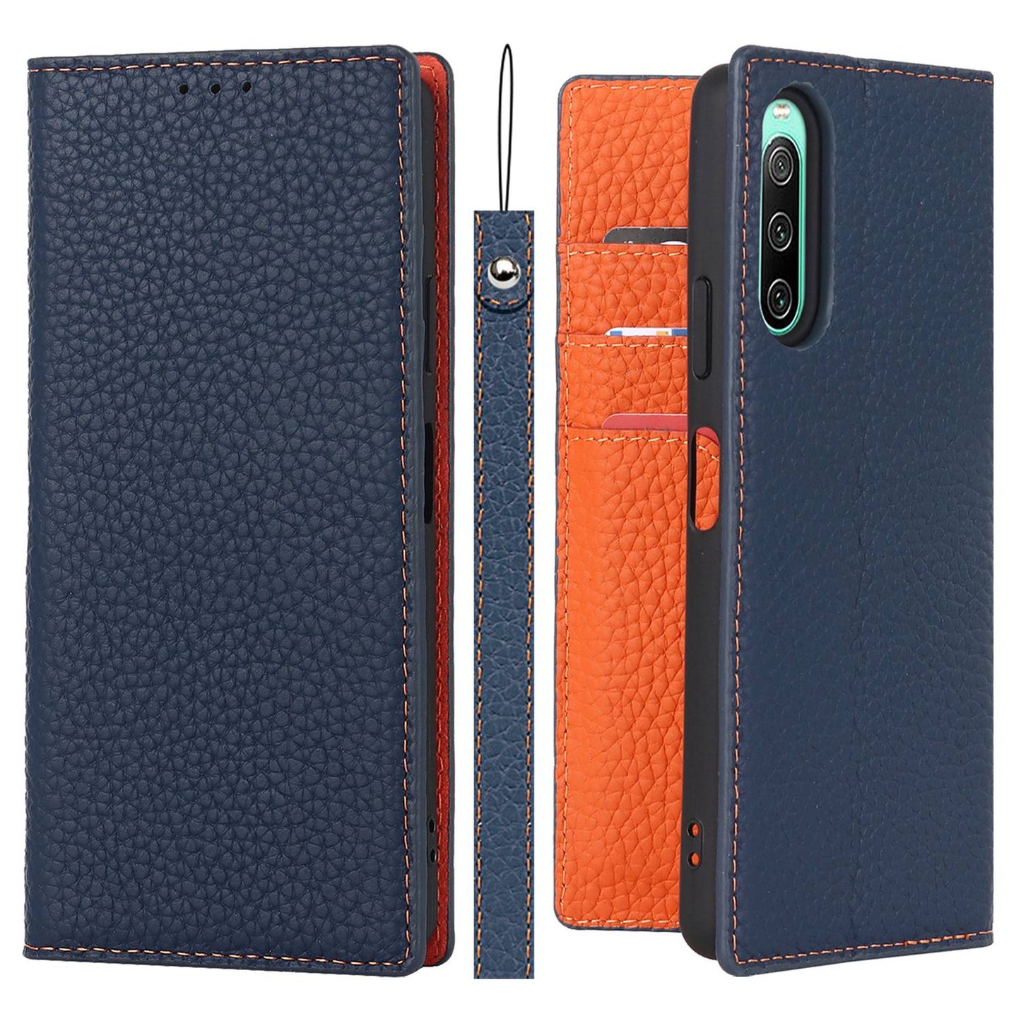 For Sony Xperia 10 IV 5G Shockproof Genuine Leather Case Litchi Texture Wallet Stand Anti-scratch Phone Shell with Hand Strap