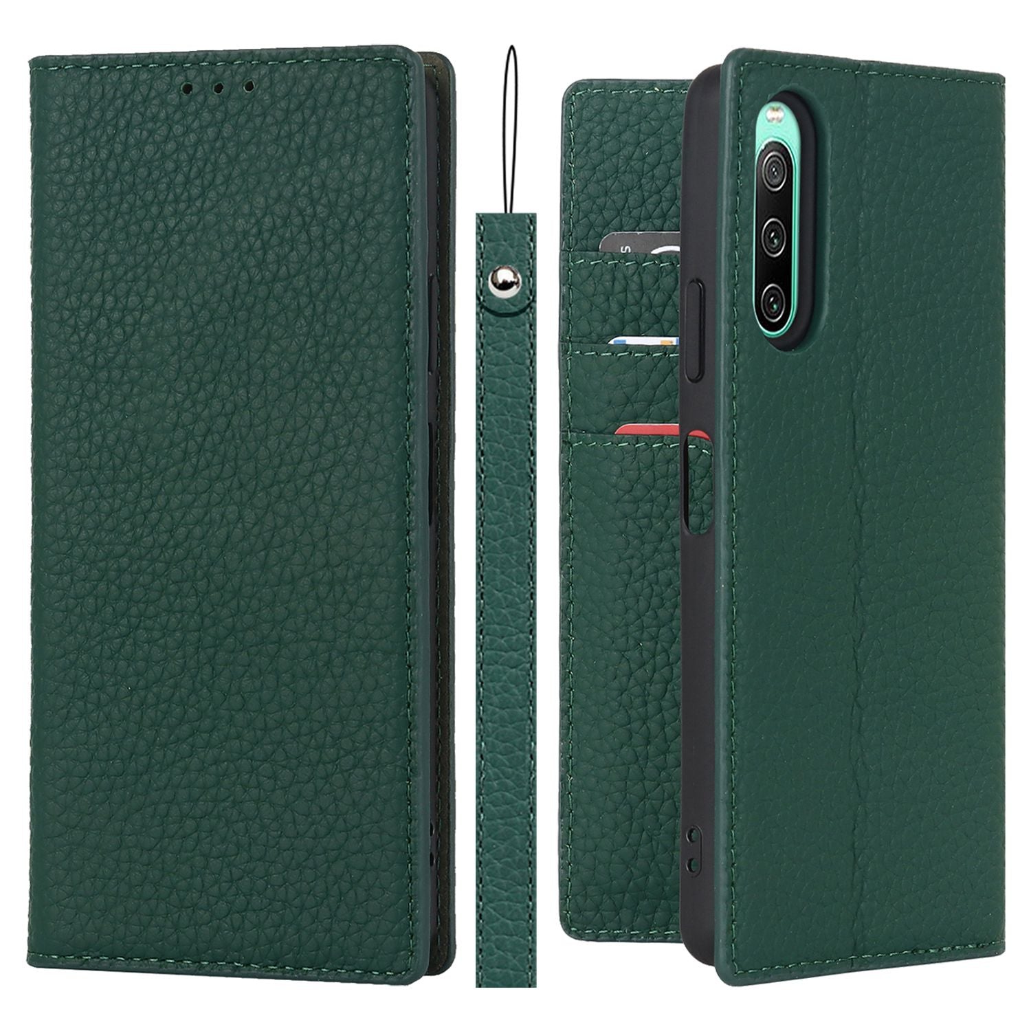 For Sony Xperia 10 IV 5G Shockproof Genuine Leather Case Litchi Texture Wallet Stand Anti-scratch Phone Shell with Hand Strap