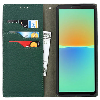 For Sony Xperia 10 IV 5G Shockproof Genuine Leather Case Litchi Texture Wallet Stand Anti-scratch Phone Shell with Hand Strap