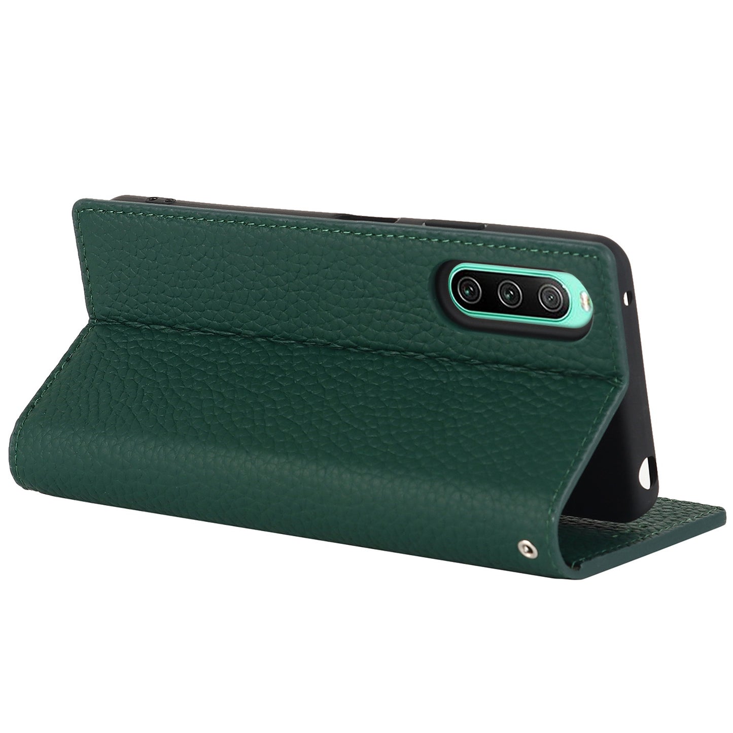 For Sony Xperia 10 IV 5G Shockproof Genuine Leather Case Litchi Texture Wallet Stand Anti-scratch Phone Shell with Hand Strap