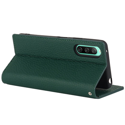 For Sony Xperia 10 IV 5G Shockproof Genuine Leather Case Litchi Texture Wallet Stand Anti-scratch Phone Shell with Hand Strap