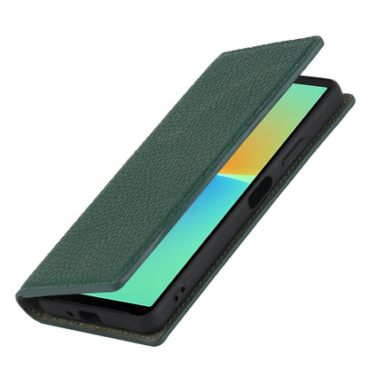 For Sony Xperia 10 IV 5G Shockproof Genuine Leather Case Litchi Texture Wallet Stand Anti-scratch Phone Shell with Hand Strap