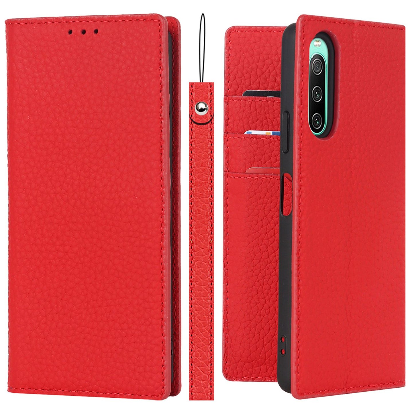 For Sony Xperia 10 IV 5G Shockproof Genuine Leather Case Litchi Texture Wallet Stand Anti-scratch Phone Shell with Hand Strap