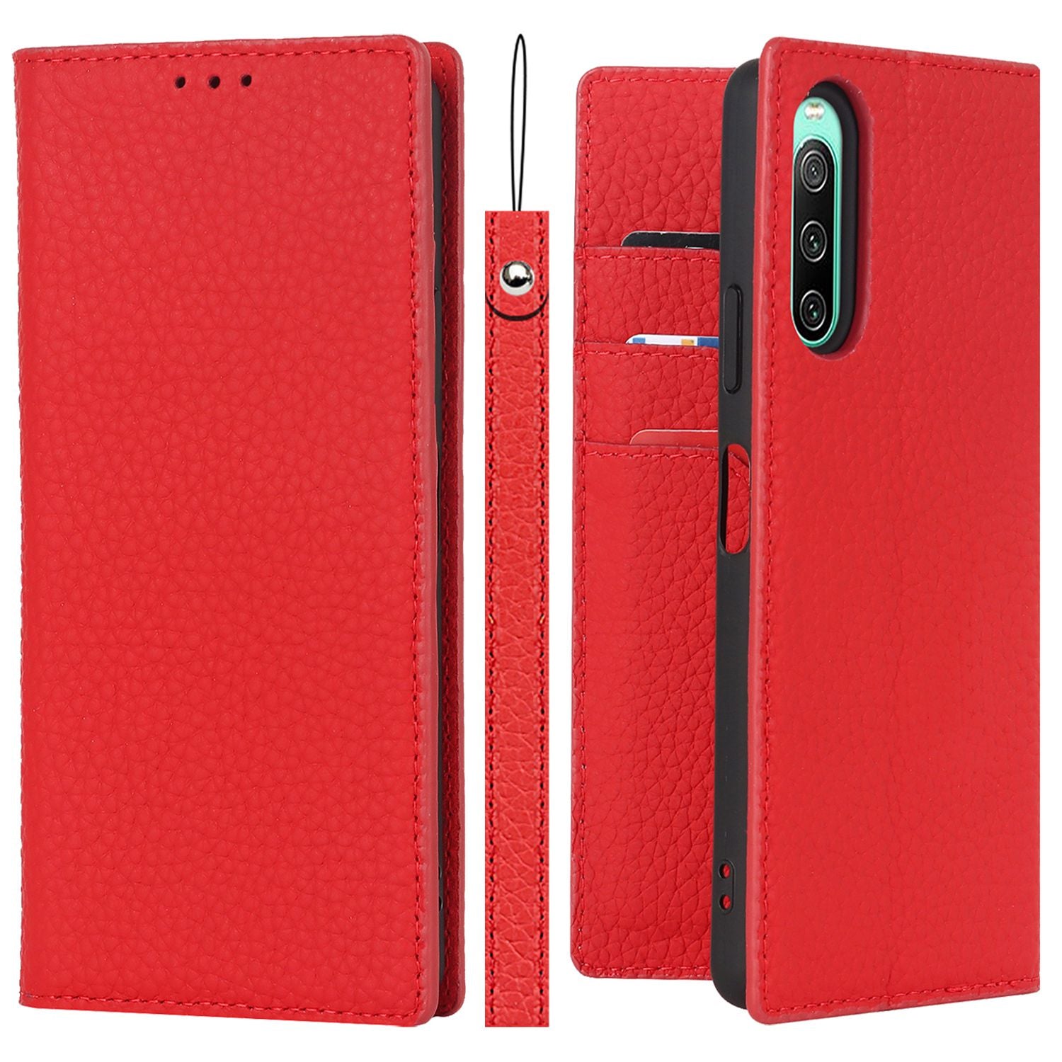 For Sony Xperia 10 IV 5G Shockproof Genuine Leather Case Litchi Texture Wallet Stand Anti-scratch Phone Shell with Hand Strap
