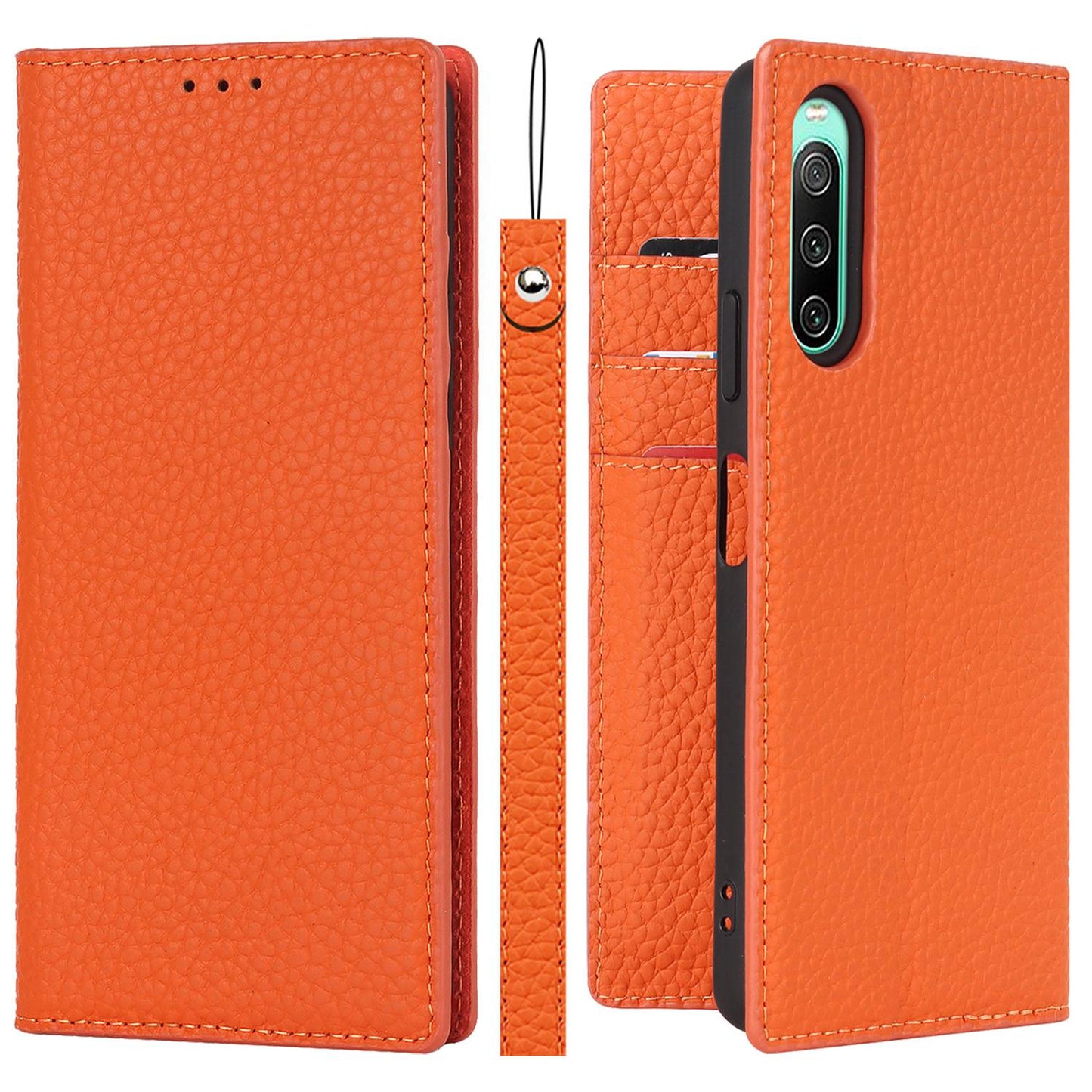 For Sony Xperia 10 IV 5G Shockproof Genuine Leather Case Litchi Texture Wallet Stand Anti-scratch Phone Shell with Hand Strap