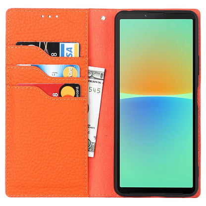 For Sony Xperia 10 IV 5G Shockproof Genuine Leather Case Litchi Texture Wallet Stand Anti-scratch Phone Shell with Hand Strap