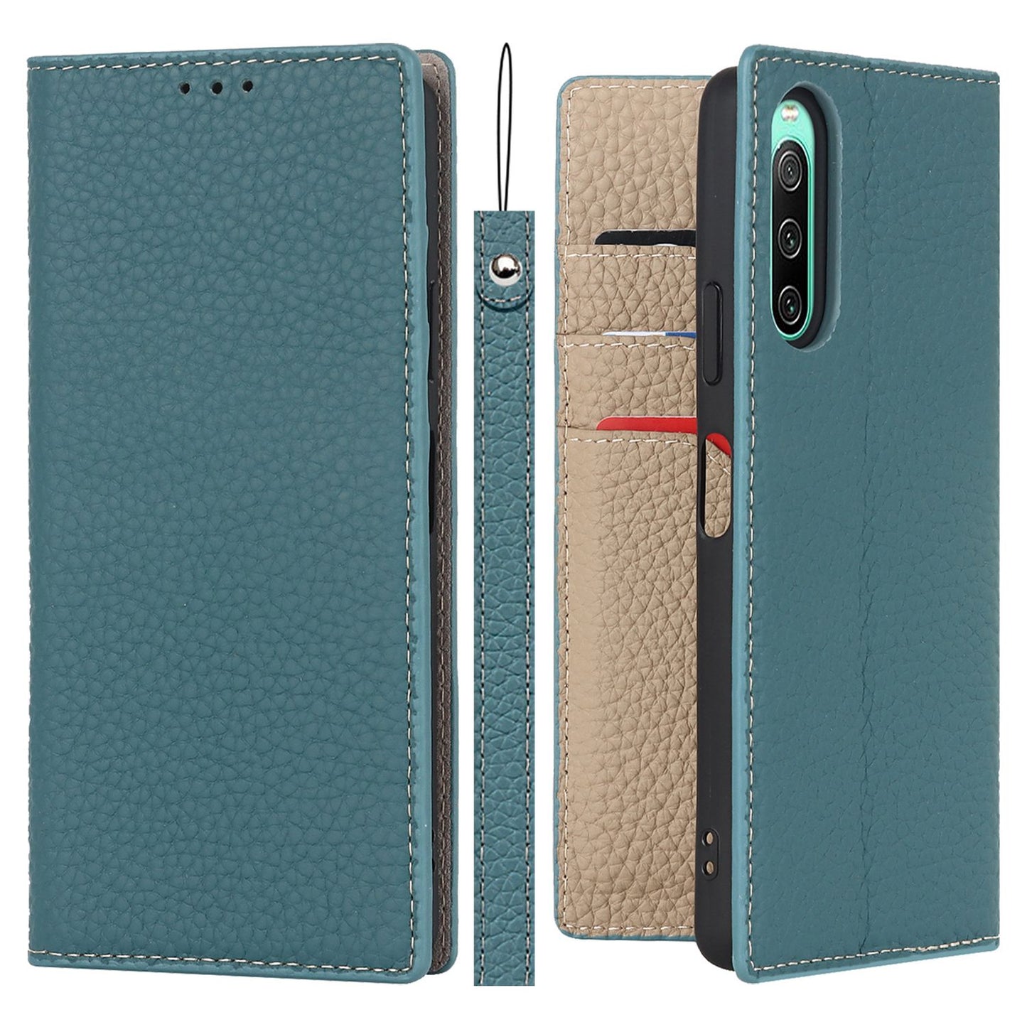 For Sony Xperia 10 IV 5G Shockproof Genuine Leather Case Litchi Texture Wallet Stand Anti-scratch Phone Shell with Hand Strap