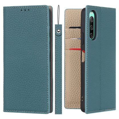 For Sony Xperia 10 IV 5G Shockproof Genuine Leather Case Litchi Texture Wallet Stand Anti-scratch Phone Shell with Hand Strap