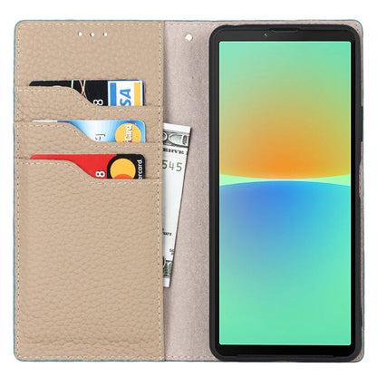 For Sony Xperia 10 IV 5G Shockproof Genuine Leather Case Litchi Texture Wallet Stand Anti-scratch Phone Shell with Hand Strap