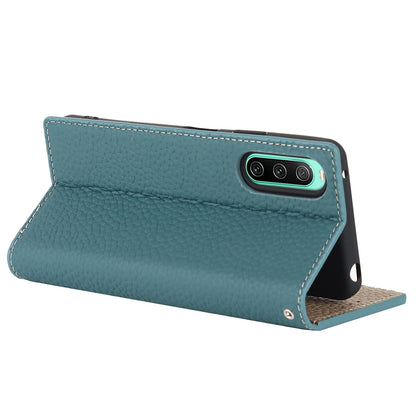 For Sony Xperia 10 IV 5G Shockproof Genuine Leather Case Litchi Texture Wallet Stand Anti-scratch Phone Shell with Hand Strap