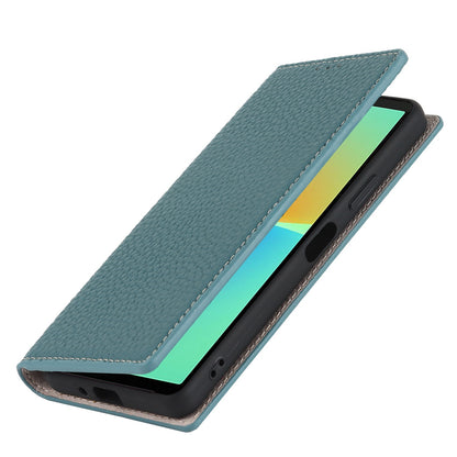 For Sony Xperia 10 IV 5G Shockproof Genuine Leather Case Litchi Texture Wallet Stand Anti-scratch Phone Shell with Hand Strap