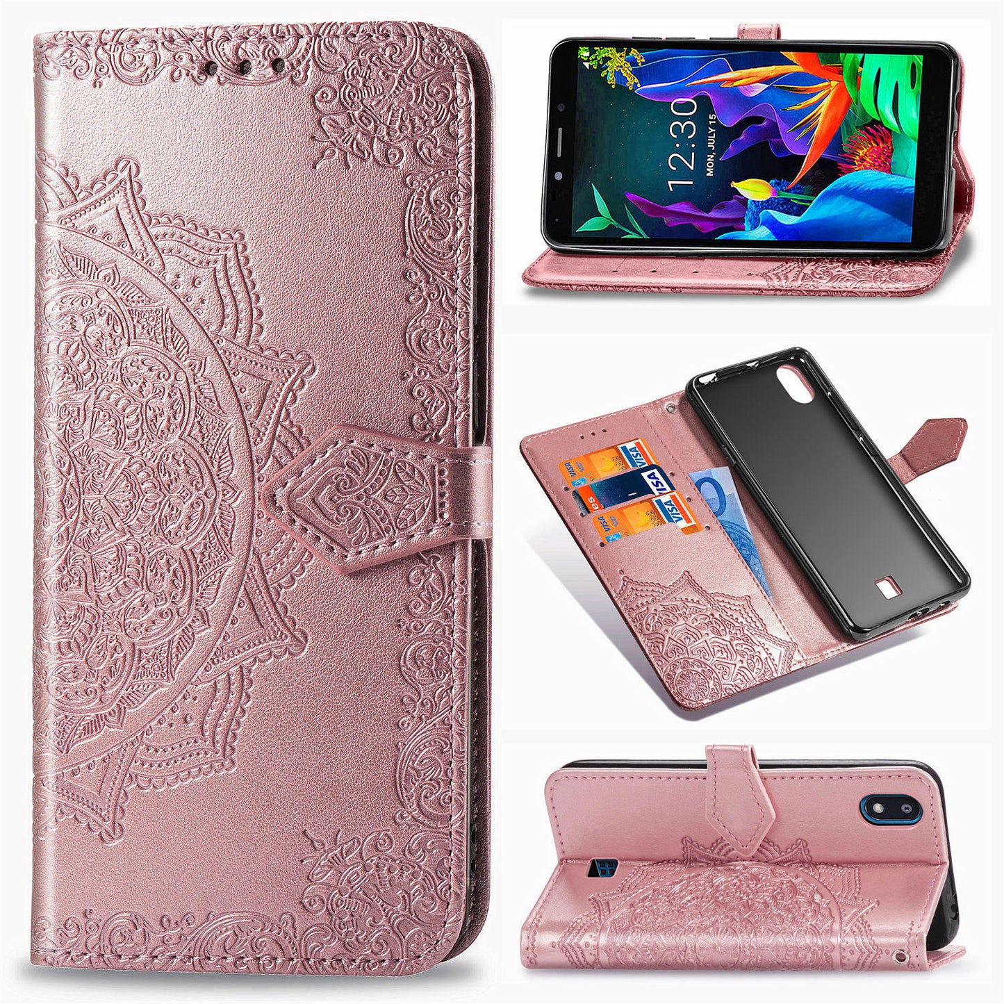 Embossed Mandala Flower Wallet Leather Stand Phone Cover for LG K20 (2019)