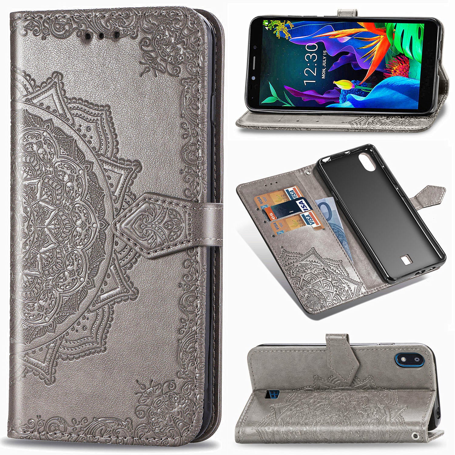 Embossed Mandala Flower Wallet Leather Stand Phone Cover for LG K20 (2019)