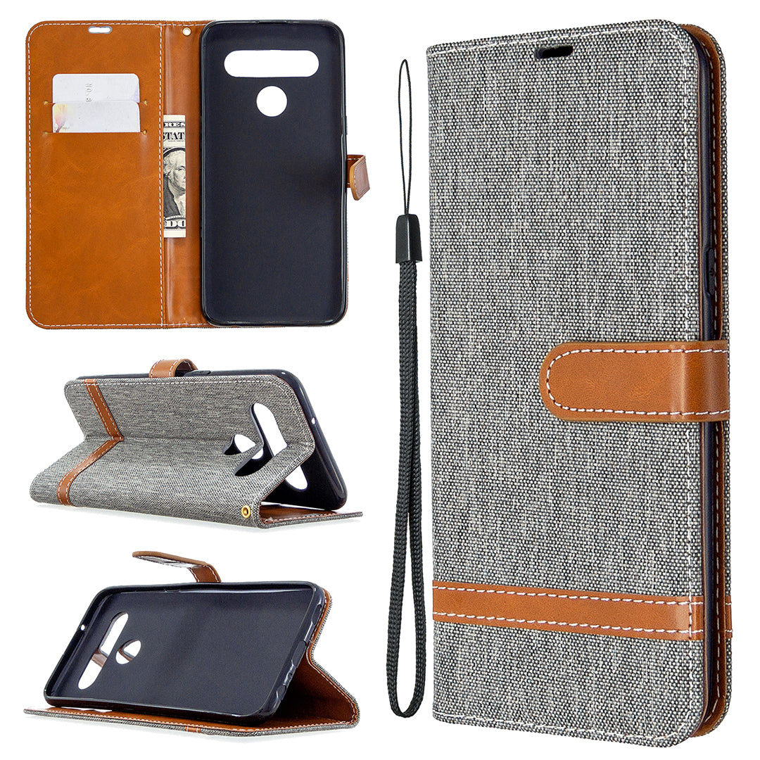 Color Splicing Jeans Cloth Skin Wallet Leather Phone Shell for LG K61