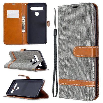 Color Splicing Jeans Cloth Skin Wallet Leather Phone Shell for LG K61