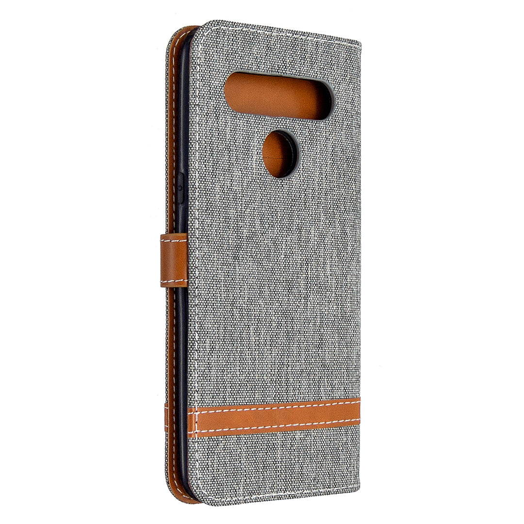 Color Splicing Jeans Cloth Skin Wallet Leather Phone Shell for LG K61