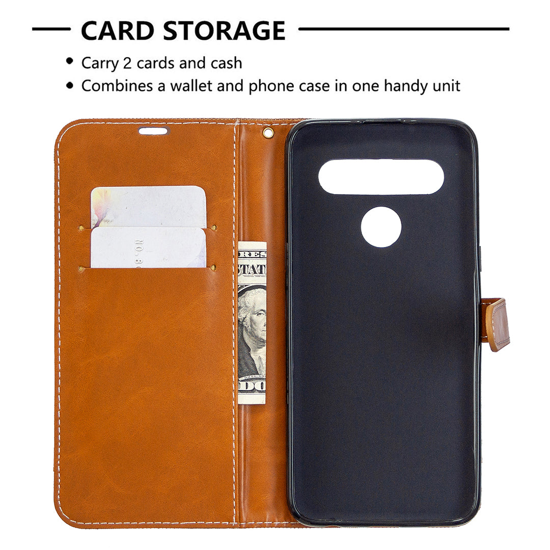 Color Splicing Jeans Cloth Skin Wallet Leather Phone Shell for LG K61
