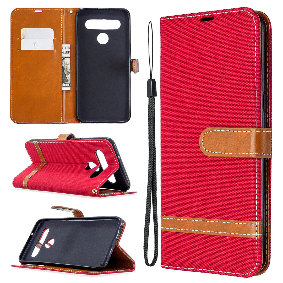 Color Splicing Jeans Cloth Skin Wallet Leather Phone Shell for LG K61
