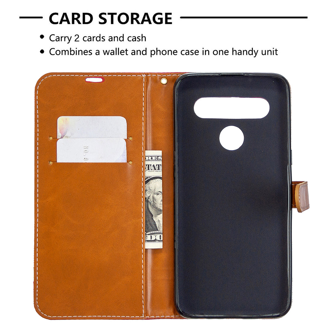 Color Splicing Jeans Cloth Skin Wallet Leather Phone Shell for LG K61
