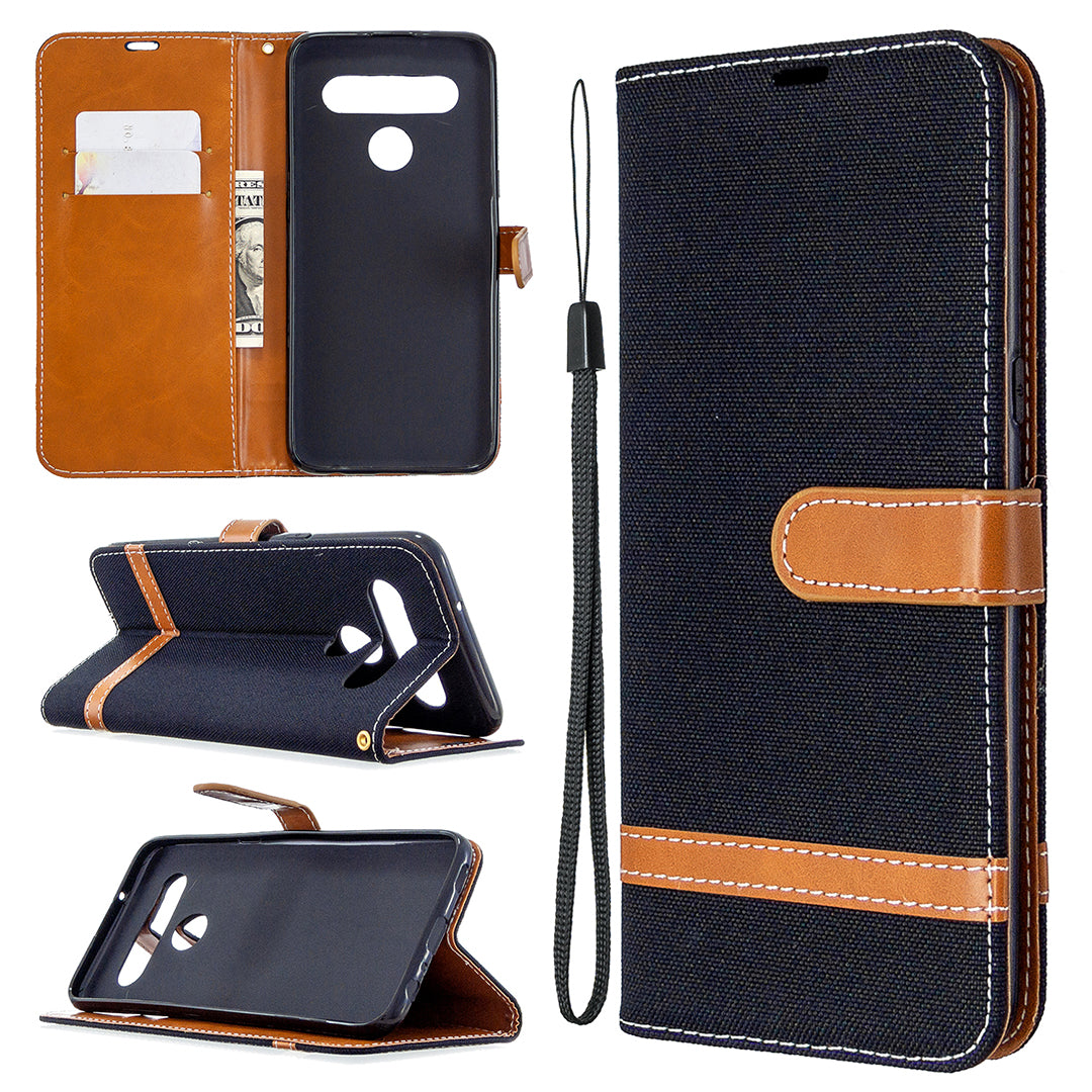 Color Splicing Jeans Cloth Skin Wallet Leather Phone Shell for LG K61