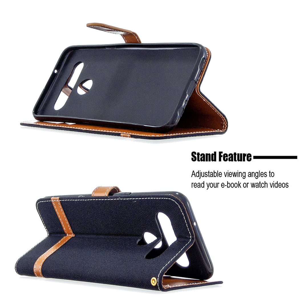 Color Splicing Jeans Cloth Skin Wallet Leather Phone Shell for LG K61
