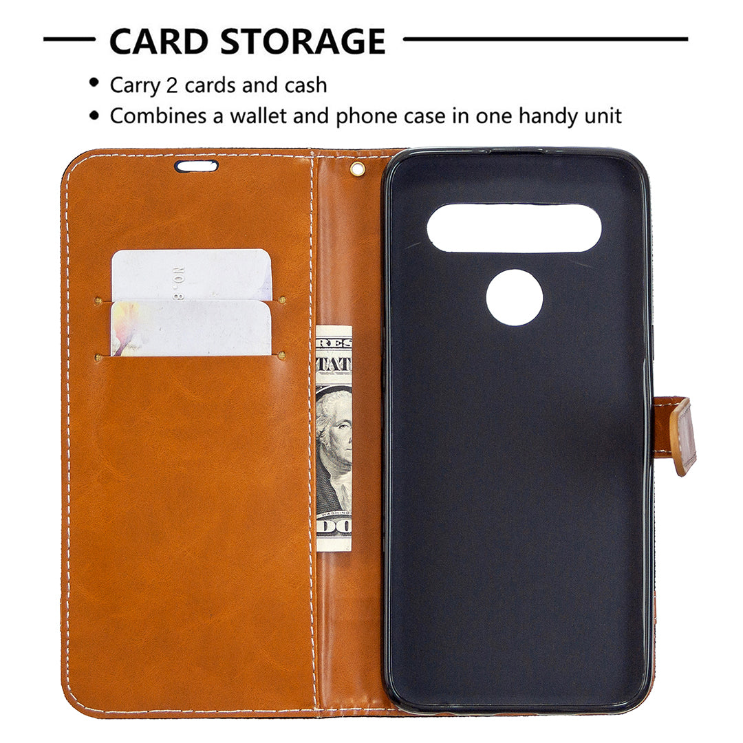 Color Splicing Jeans Cloth Skin Wallet Leather Phone Shell for LG K61