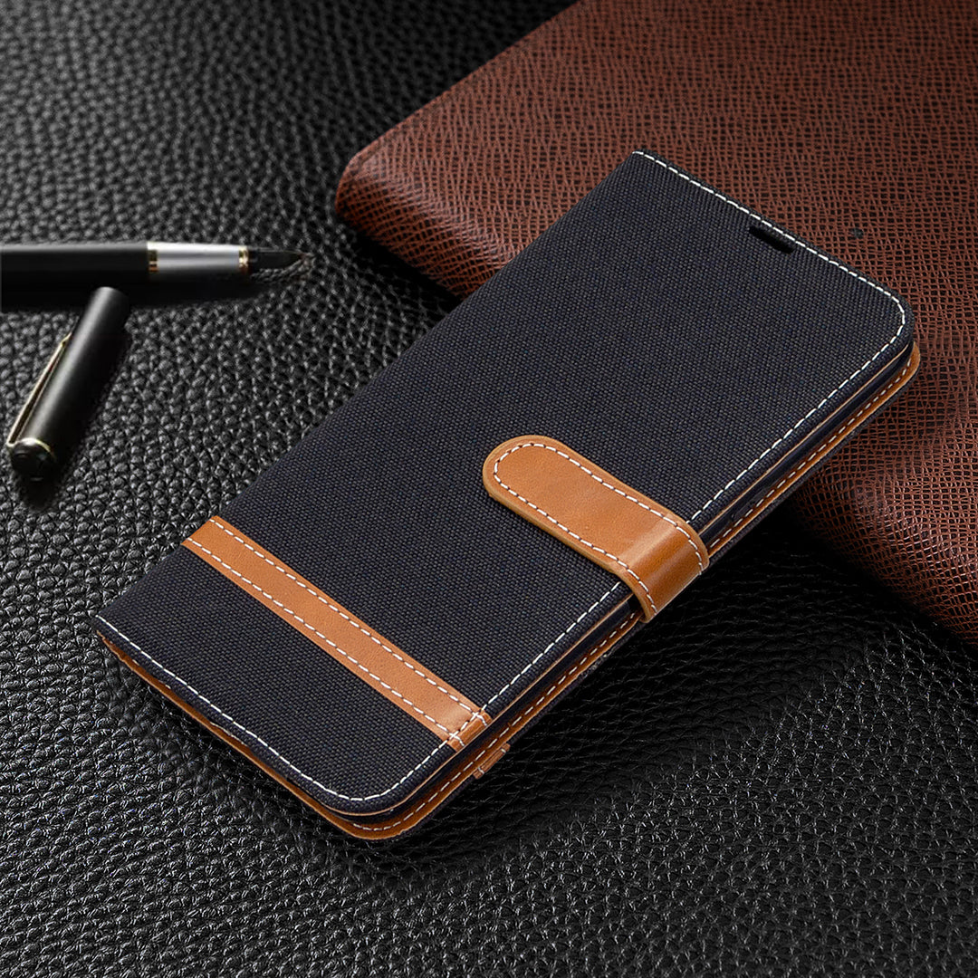 Color Splicing Jeans Cloth Skin Wallet Leather Phone Shell for LG K61