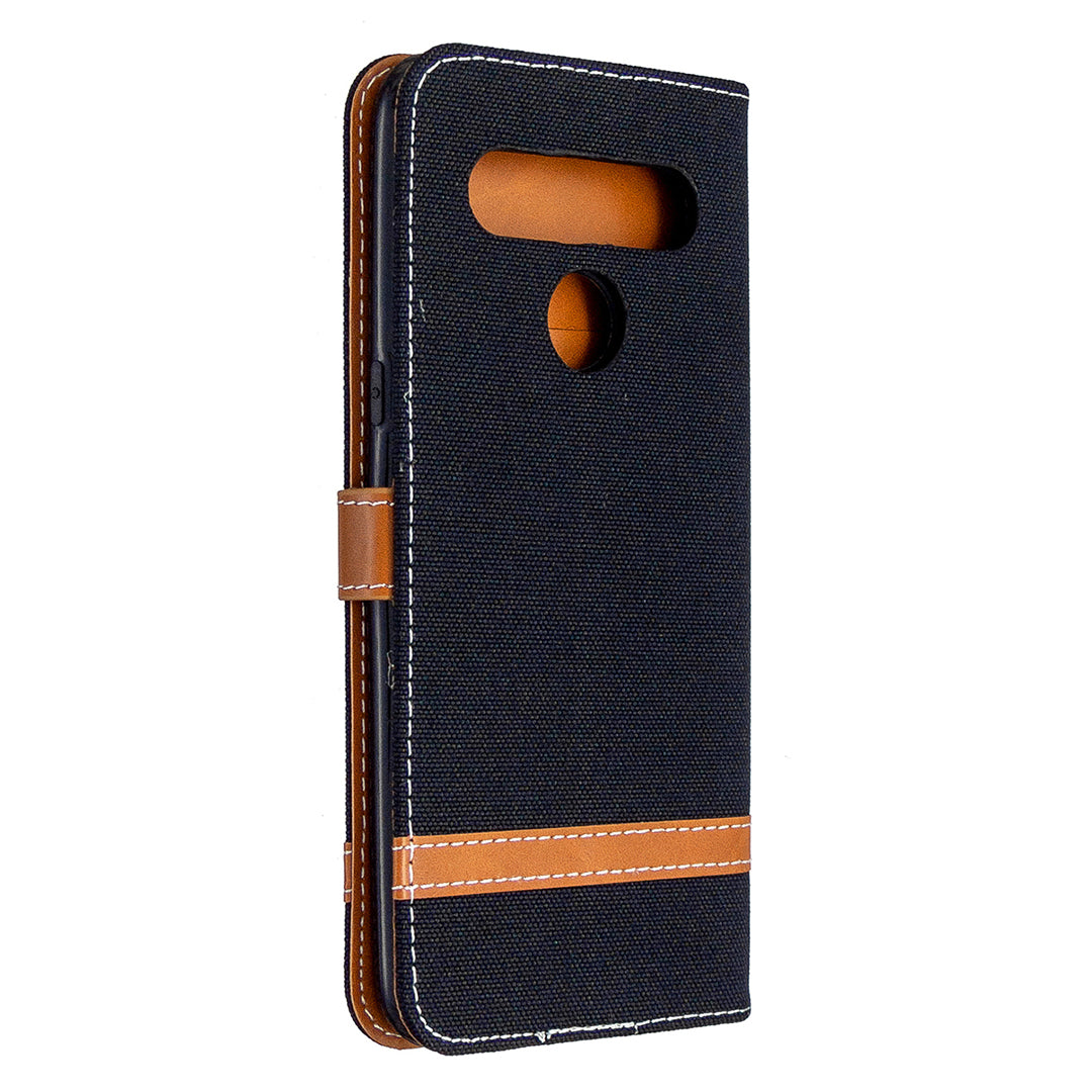 Color Splicing Jeans Cloth Skin Wallet Leather Phone Shell for LG K61