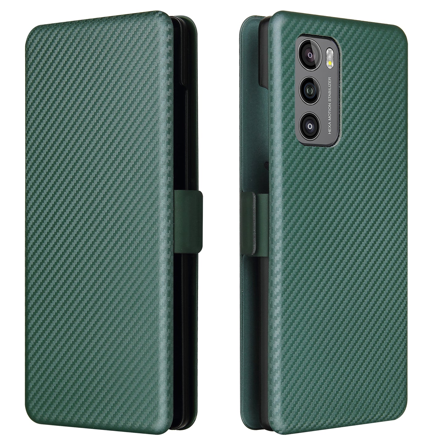 Carbon Fiber Skin Magnetic Phone Case with Buckle + Card Holder + Ring Strap for LG Wing 5G