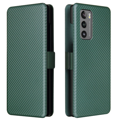Carbon Fiber Skin Magnetic Phone Case with Buckle + Card Holder + Ring Strap for LG Wing 5G
