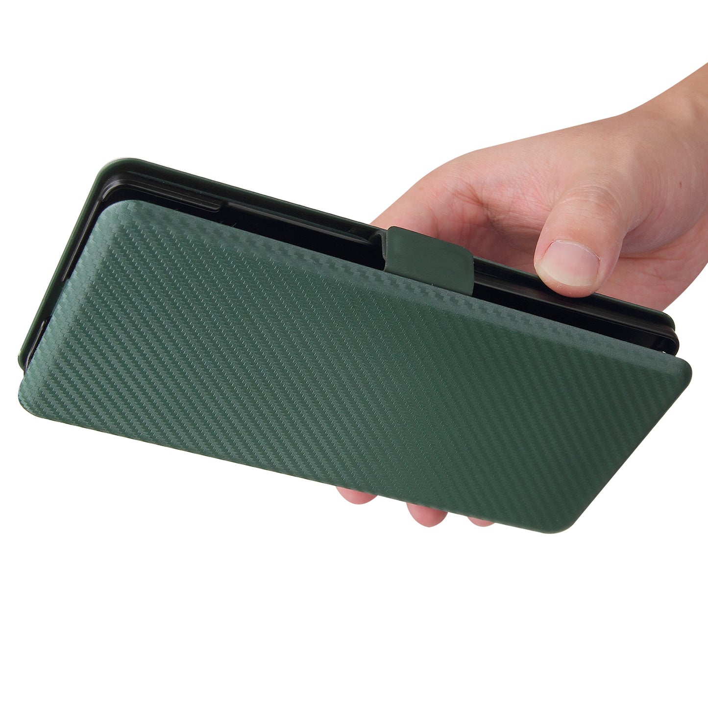 Carbon Fiber Skin Magnetic Phone Case with Buckle + Card Holder + Ring Strap for LG Wing 5G
