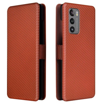Carbon Fiber Skin Magnetic Phone Case with Buckle + Card Holder + Ring Strap for LG Wing 5G