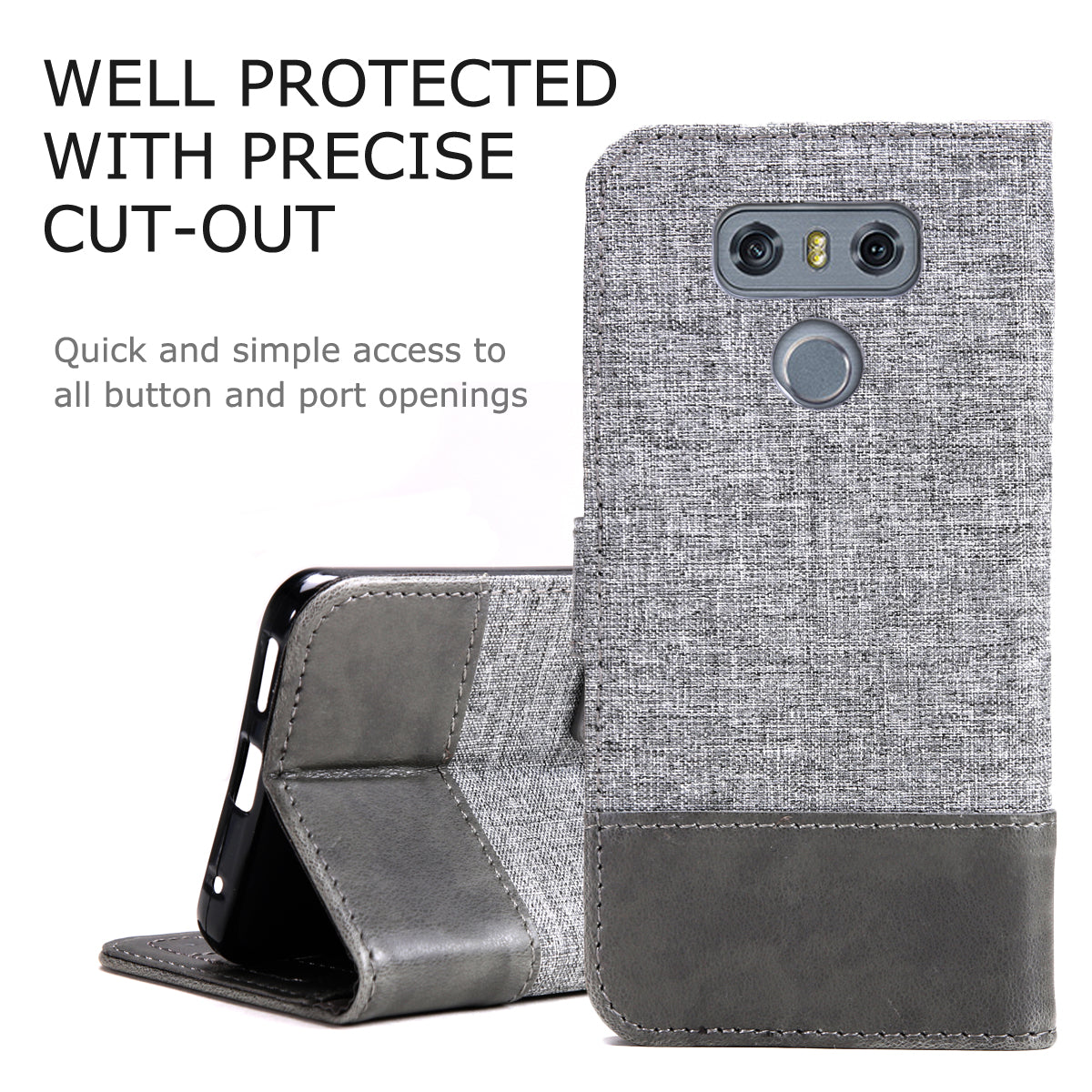 MUXMA Leather Folio Canvas Splicing Stand Phone Case for LG G6