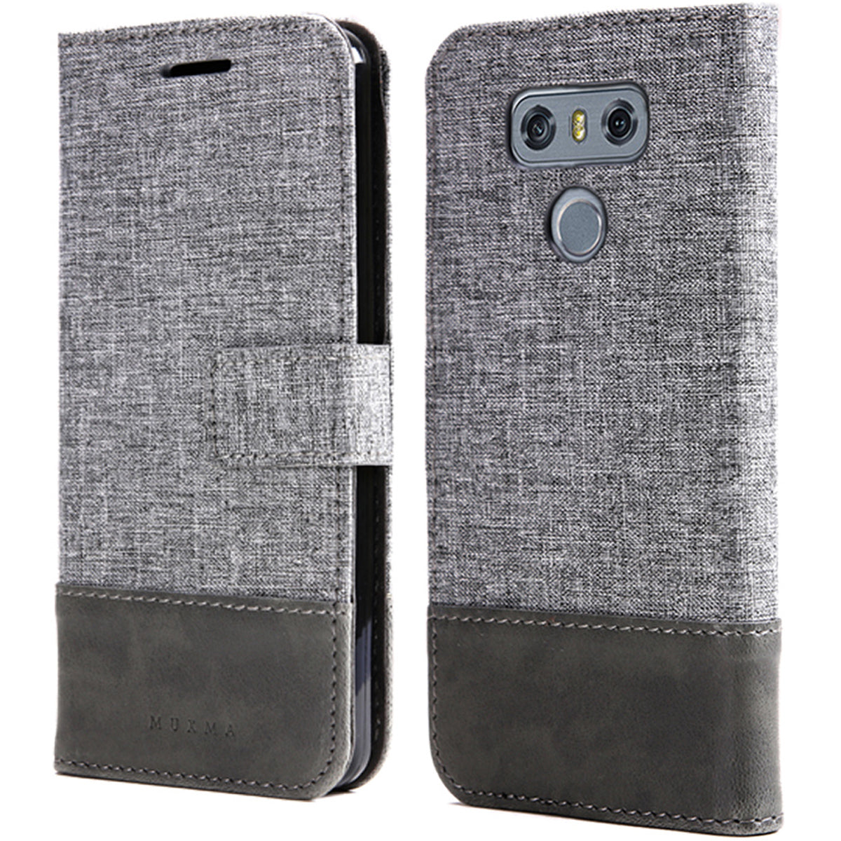 MUXMA Leather Folio Canvas Splicing Stand Phone Case for LG G6