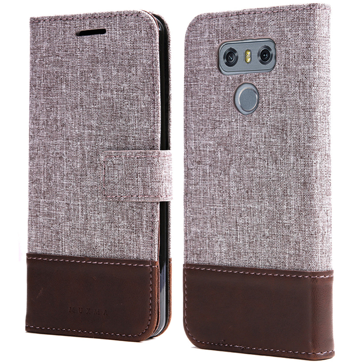 MUXMA Leather Folio Canvas Splicing Stand Phone Case for LG G6