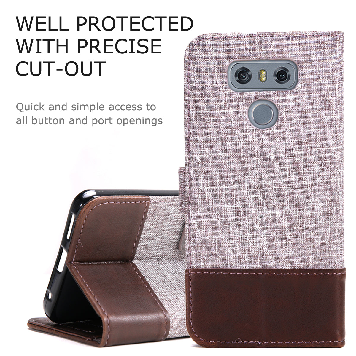 MUXMA Leather Folio Canvas Splicing Stand Phone Case for LG G6