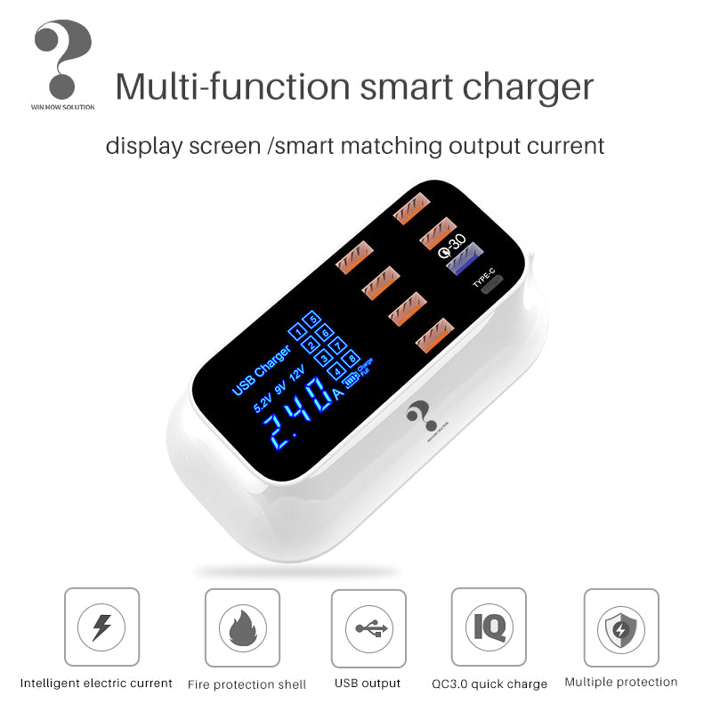 WIN HOW SOLUTION YC-CDA19Q 40W Fast Charging QC3.0 USB Type-C PD Charger Station LED Display Mobile Phone Tablet USB Charger (CE Certificated)