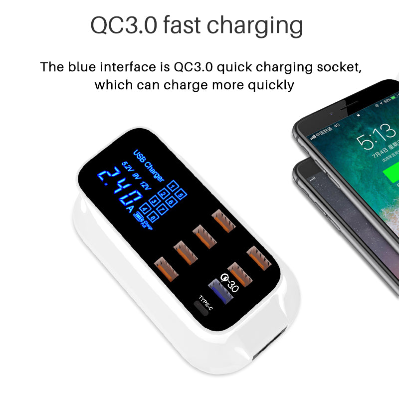 WIN HOW SOLUTION YC-CDA19Q 40W Fast Charging QC3.0 USB Type-C PD Charger Station LED Display Mobile Phone Tablet USB Charger (CE Certificated)