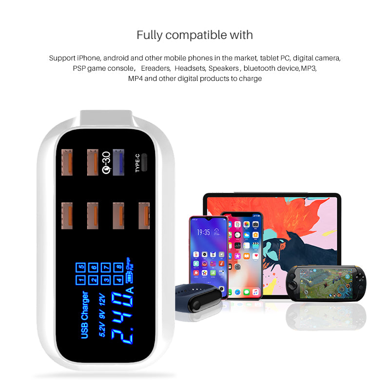 WIN HOW SOLUTION YC-CDA19Q 40W Fast Charging QC3.0 USB Type-C PD Charger Station LED Display Mobile Phone Tablet USB Charger (CE Certificated)