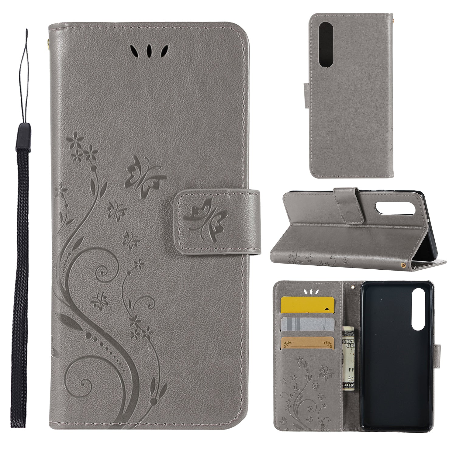 For Huawei P30 Imprint Butterfly Flower Leather Wallet Case with Strap