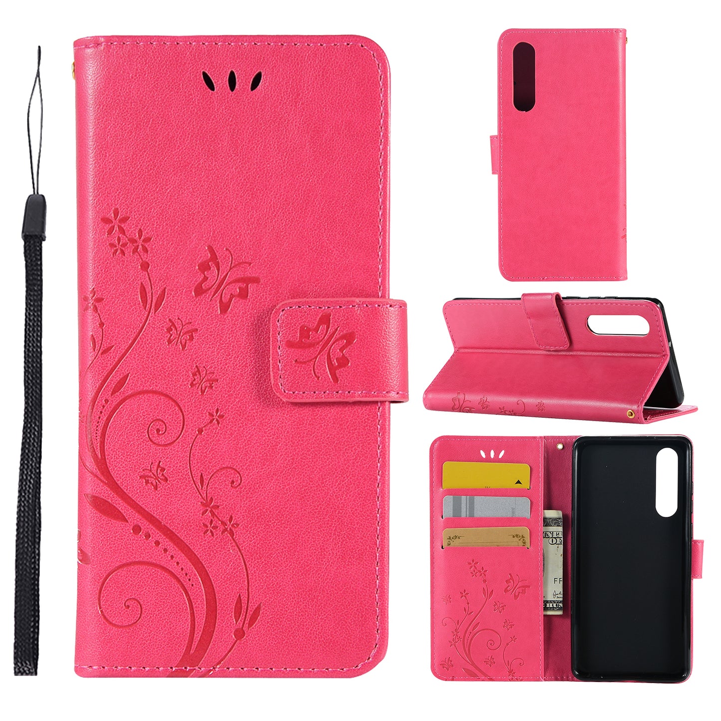 For Huawei P30 Imprint Butterfly Flower Leather Wallet Case with Strap