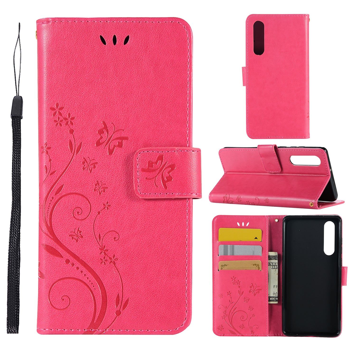 For Huawei P30 Imprint Butterfly Flower Leather Wallet Case with Strap