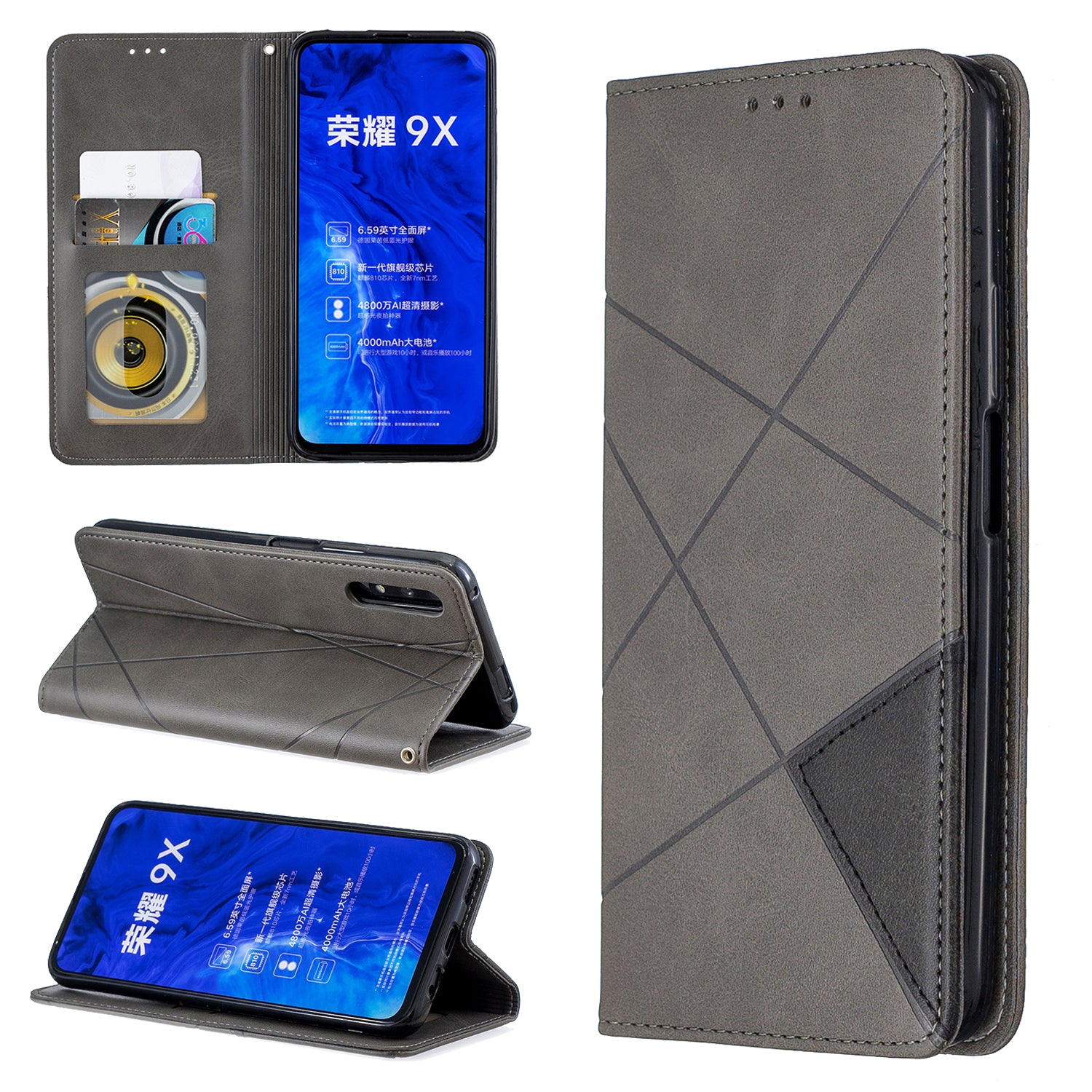 Geometric Pattern Leather Card Holder Case for Huawei Honor 9X (For China) / 9X Pro