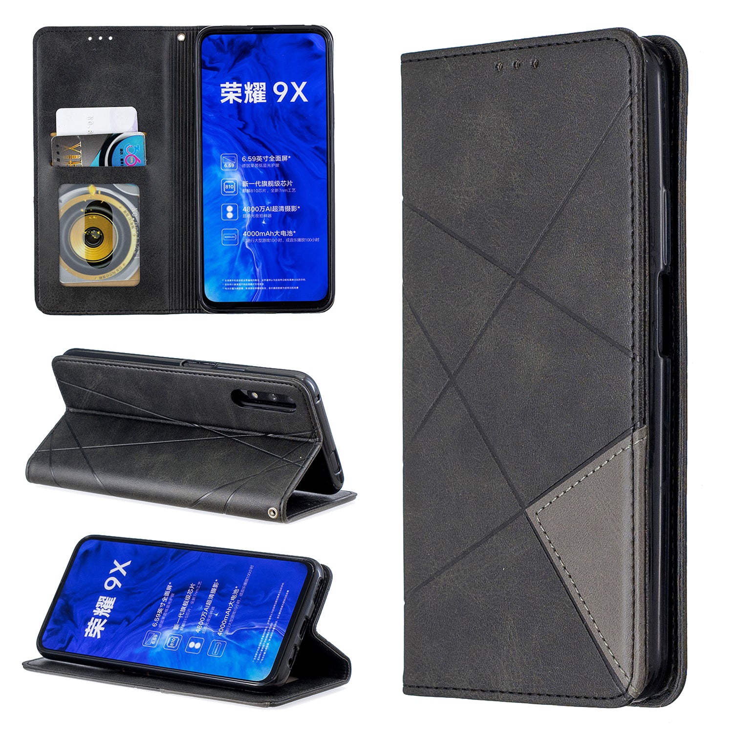 Geometric Pattern Leather Card Holder Case for Huawei Honor 9X (For China) / 9X Pro